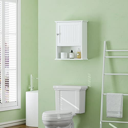 Spirich Bathroom Wall Cabinet Over Toilet, Small Medicine Cabinet, White | FSC-Certified Wood, Adjustable Shelf, Single Beadboard Door, Open Bottom Shelf, Compact Wall Storage for Bathroom or Kitchen