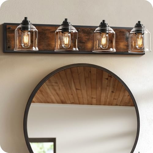 4-Light Bathroom Fixture, 31.5" Large Farmhouse Vanity Light, E26 Base (Bulbs Not Included), Thickened Glass Shade, for Bathroom, Bedroom, Vanity, Hallway, Rustic Brown and Black F18BD05 - size: 4-Light