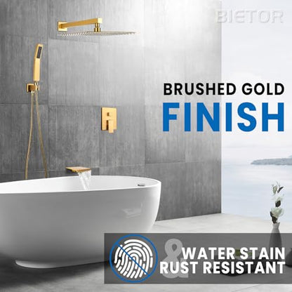 Wall Mounted Shower Faucet Set, Shower System with Tub Spout, 10 Inch Rainfall Shower Head with Handheld Spray, Waterfall Tub Spout Bathtub Faucet, Brushed Gold - color: Brushed Gold
