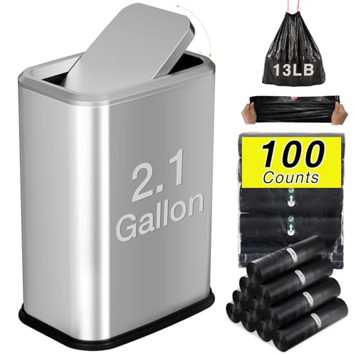 Bathroom Trash Can with Lid 8L/2.1 Gallon Silver Trash Can Small Garbage Can with Swing Top Lid Slim Stainless Steel Garbage Can with 100 Counts Trash Bags for Bathroom Bedroom Kitchen Office Toilet - color: Silver, size: Swing-Lid Trash Can