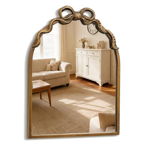 Gold Bow Vintage Small 13x17 Arch Unique Wall Ornate Antique Mirror | Gold Metal Mirror with Ribbon, Girl Nursery Baroque Decoration, For Bedroom Entryway Bathroom Living Room Hallway Fireplace - size: 17"L x 13"W