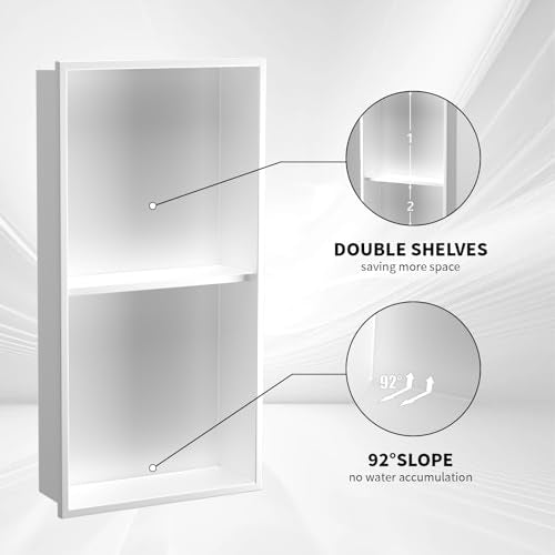 Homevacious 12"×24" Stainless Steel Shower Niche No Tile Needed White | Double Shelves Bathroom Shelf Rimless Recessed Wall Niche for Bathroom Storage - color: White