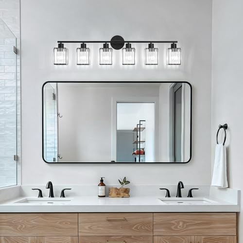 6 Light Bathroom Light Fixtures, Modern Crystal Vanity Lights over Mirror | Metal Frame, Bathroom Light with Square Crystal Shade, ETL Certified, E26 Ceramic Socket, Bulbs Not Included - color: Black, size: 6-Light