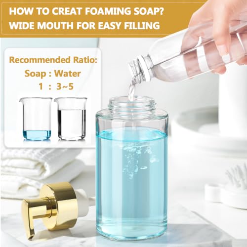 RYTOXILO Foaming Soap Dispenser, 10 oz/300ml Gold Soap Dispenser, 2 Pack Glass Foaming Hand Dispenser for Bathroom & Kitchen, Refillable Foam Bottle with Waterproof Labels - color: Clear Bottle, size: 10 Fl oz with Gold Pump