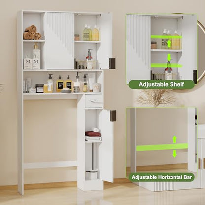 GOODONE White Over The Toilet Storage Cabinet - with 3 Doors and Toilet Paper Holder Stand, FreeStanding, for Bathroom, Restroom, Laundry - color: White