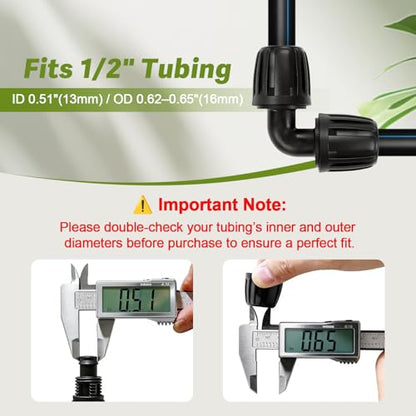 12 Pack 1/2 Inch Drip Irrigation Elbow Fittings (1/2" ID x 0.6-0.65" OD), 1/2'' Dripline Barbed Elbow Connectors with Anti-Drop Lock Nuts for Garden Lawn Irrigation System Connection - size: 1/2" Nut Elbow-12P