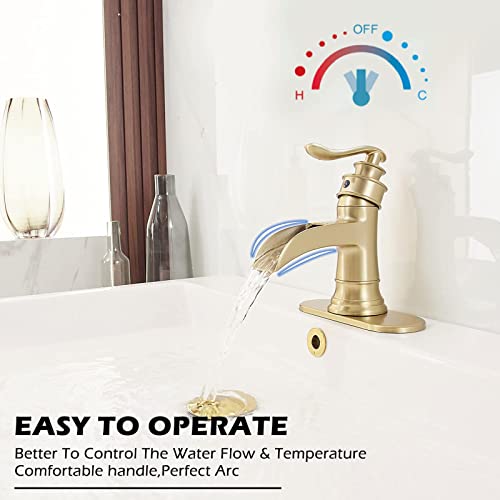 BWE Brushed Gold Waterfall Bathroom Sink Faucet with Deck Plate, 1.2 GPM | Waterfall Spout, Ceramic Cartridge, California-Compliant, Fits 1 or 3-Hole Sinks, Handware Included, Single Handle - color: Brushed Gold