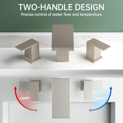 Hoimpro LED Bathroom Faucet 3 Hole Brushed Nickel Waterfall Sink Faucet 8 Inch Widespread Modern Vanity 2 Handle Wide Spread Bath Fixture Light Changing with Pop Up Drain Touch On Three Hole 3 Piece - color: Brushed, style: LED
