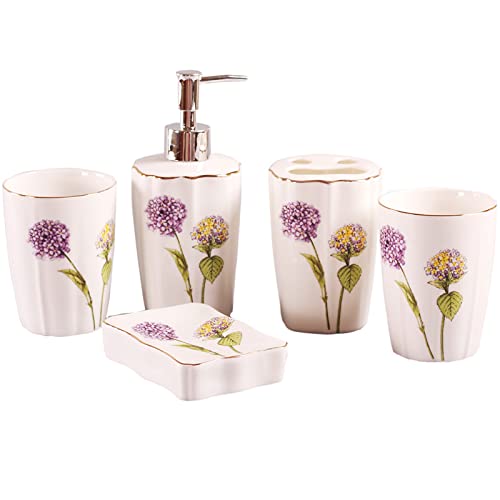 Bathroom Accessories Set 5 Pcs, Soap Dispenser, Toothbrush Holder, Bathroom Tumbler, Soap Dish Modern Bathroom Decor Housewarming Gift,Purple - color: Purple