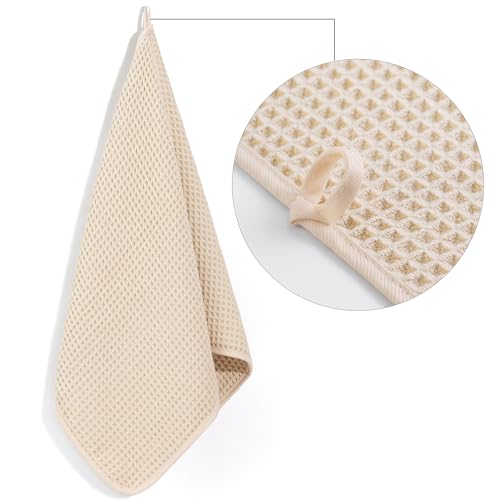 POLYTE 430 GSM Poly Blend Microfiber Quick Dry Waffle Hand Towel, 16x30 in | 4 Pack, Oversize, Lint Free, Quick Dry, Hanging Loop - color: Light Beige