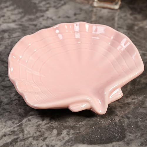 Ceramic Soap Holder, Sea-Shell Soap Tray with Self Draining, Soap Tray for Sink Washroom Bathroom Shower, Small Cute and Elegant Holder with Glaze, Easy Cleaning (Pink) - color: Pink