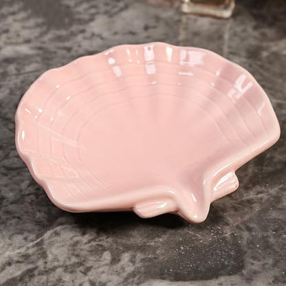Ceramic Soap Holder, Sea-Shell Soap Tray with Self Draining, Soap Tray for Sink Washroom Bathroom Shower, Small Cute and Elegant Holder with Glaze, Easy Cleaning (Pink) - color: Pink