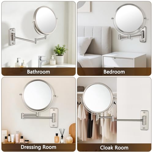 ALHAKIN 1X/30X Wall Mounted Makeup Mirror, 8 Inch Double Sided Magnifying Mirror for Wall, Bathroom Makeup Mirror with 360 Rotation Extendable Swivel Arm, Nickel