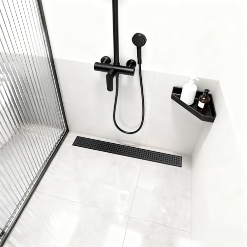 Linear Shower Drain - 32 Inch Matte Black, with Grate Removable | AISI 304 Stainless Steel Shower Drain with Adjustable Feet, Hair Catcher, Rectangle Shower Floor Drain Fits Bathroom, Balcony - color: Matte Black, size: 32 Inch
