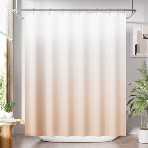 AmazerBath Fabric Shower Curtain, Cloth Khaki Shower Curtain Set with 12 Hooks, Washable Fabric Ombre Khaki and White Shower Curtain, Rustic Modern Bathroom Shower Curtain, 72x72 Inches - color: A- Khaki Ombre +12 Metal Hooks, size: 72"W x 72"L (Pack of 1