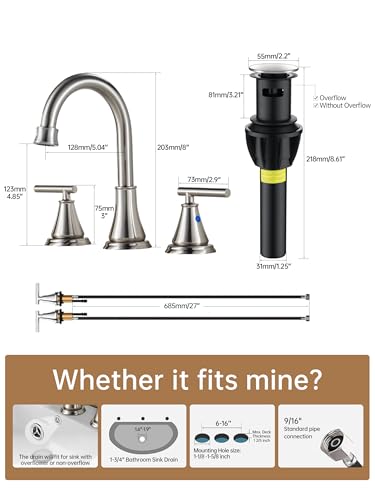 8 Inch Widespread Bathroom Sink Faucet 3 Hole, Brushed Nickel Bathroom Faucet with Metal Pop-Up Drain Assembly, Bathroom Vanity Faucet, 2 Handle for Sink - color: Brushed Nickel
