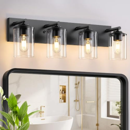 4-Light Bathroom Lighting Fixtures Over Mirror, Matte Black Bathroom Vanity Lights with Clear Glass Shade, Modern Vanity Lighting Fixtures for Living Room, Bedroom, Hallway - size: 4-Light