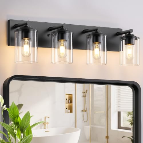 4-Light Bathroom Lighting Fixtures Over Mirror, Matte Black Bathroom Vanity Lights with Clear Glass Shade, Modern Vanity Lighting Fixtures for Living Room, Bedroom, Hallway - size: 4-Light