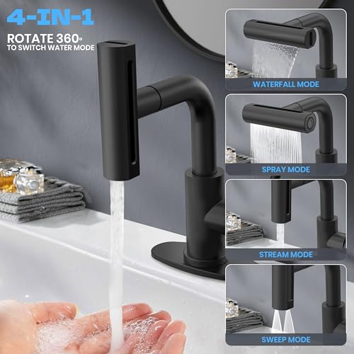 Matte Black Bathroom Sink Faucet with Pull Down Sprayer - 4 Mode Single Handle Vanity Faucet Waterfall Bathroom Faucet with Pull Down Sprayer (No Drain) - color: Black