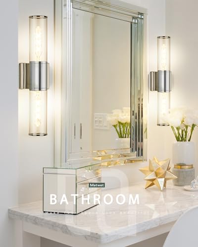 2-Light Chrome Bathroom Vanity Light Fixtures, Clear Glass Shade | Modern bathroom wall sconces, vertical/horizontal mounting, E26 base, hardwired, bulbs not included, VL834-CH-CL - color: Chrome-Clear Glass
