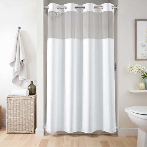 River Dream White No Hook Fabric Shower Curtain or Liner with Sheer Window | No Liner Included or Needed, One-Piece Design, Hotel-Quality Material for Bathroom, Water Repellent, Machine Washable, 54x80 - color: White, size: 54"W x 80"L (Pack of 1)