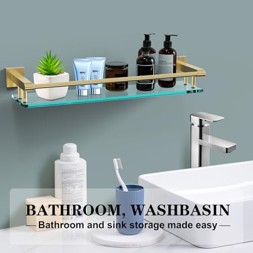 Glass Shelf for Bathroom, 20 Inch Tempered Glass with Brushed Gold Stainless Steel Railing, Floating Glass Shelves Sink Over Toilet Modern Bathroom - color: Brushed Gold, size: 20'' with Railing