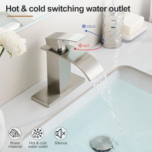 Waterfall Bathroom Faucet, Single Handle Brushed Nickel Sink Faucet 1 Hole or 3 Hole for Lavatory, Washbasin, Vanity, Commercial, with Deck, Pop-up Drain and Supply Hoses - color: Brushed Nickel