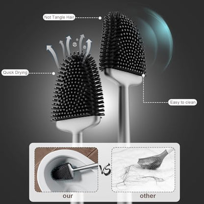 Silicone Toilet Brush, Ventilation Slots Base Holder 1 Pack Silver | Flexible Bristles Flat Head for Rim, Hair Tangle-Free, Easy to Clean, Compact Design, Rustproof Handle, for Toilet/Sink/Tub - color: Silver-1pcs