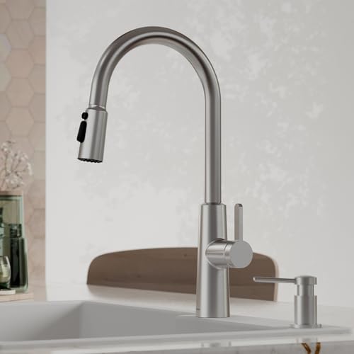 Karran Elmsworth Spot-Free Stainless Steel Commercial Style Pull-Down Kitchen Faucet with Dual Interchangeable Spray Heads, 5-Function Revolve MAX & 3-Function Revolve Mini Aerator, High-Arc Spout - color: Spot Free Stainless Steel