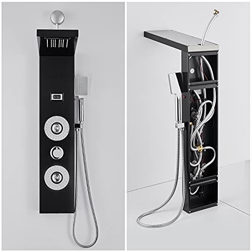 ROVOGO RETROFIT Shower Panel Tower with LED Lights and Temperature Display | Rainfall Waterfall Shower Head, Body Jets and Handheld, Stainless Shower Column Black, Easy Connect, NOT INCLUDE MIXING VALVE