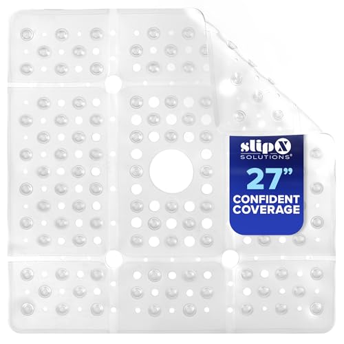 SlipX Solutions 27" Oversize Square Shower Mat, Non-Slip Mat for Elderly & Kids, 100+ Power Grip Suction Cups for Smooth Surfaces, Machine Washable, Clear - color: Clear