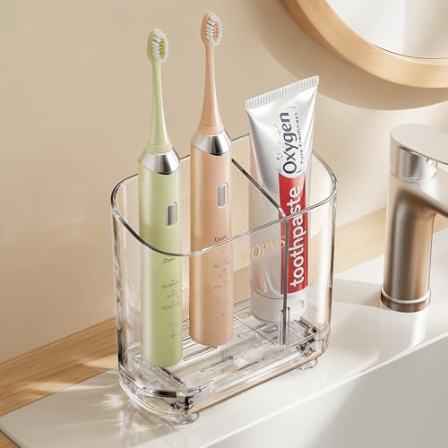 MOPMS Toothbrush Holders with Drainage for Bathrooms Countertop Organizer | 2 Slots Electric Toothbrush Holder Wall-Mount with Divider for Easy Clean, Tooth Brush and Toothpaste Holder for Bathroom - color: Clear, size: 1-pcs