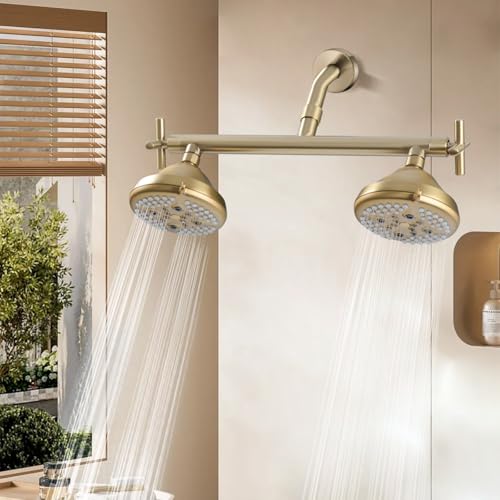 Double Shower Head with Manifold Shut-Off Valve,4 Function 2 Shower Sprayers For Couples Shower,High Pressure Dual Shower Heads Combo Set,Brushed Gold,AG1MG - color: Brushed Gold, size: 7.5