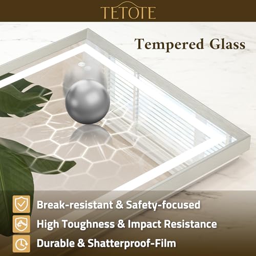 TETOTE 40 x 32 Led Mirror Silver Metal Frame Frontlit & Backlit Vanity Mirror Anti-Fog Stepless Dimmable 3 Colors White/Warm/Natural Wall Mirror with Lights