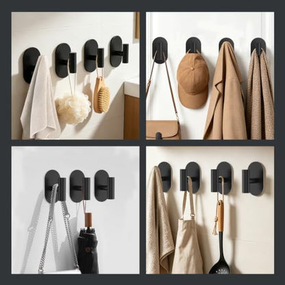 SetSail Adhesive Towel Hooks,Bathroom Black Towel Holder for Wall,4 Packs | Adhesive Hooks Heavy Duty,Coat Hanging No Drill,Stick on Hook,Matte Black Hooks,Oval Shower Towel Holder
