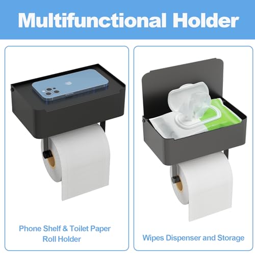 JUYSON Toilet Paper Holder with Shelf, Flushable Wipes Dispenser Fits for Bathroom Wipe Storage, Keep Your Wipes Hidden Out of Sight - SUS304 Stainless Steel Wall Mount Organizer (Matte Black) - color: Black