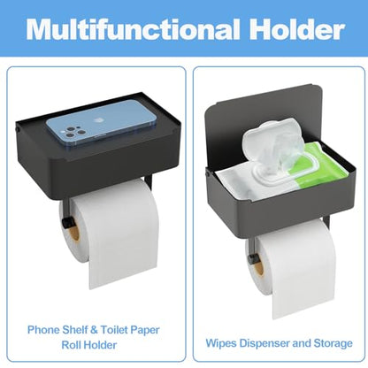 JUYSON Toilet Paper Holder with Shelf, Flushable Wipes Dispenser Fits for Bathroom Wipe Storage, Keep Your Wipes Hidden Out of Sight - SUS304 Stainless Steel Wall Mount Organizer (Matte Black) - color: Black