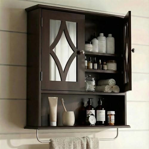 RoyalCraft Bathroom Medicine Cabinet Wall Mounted, Over the Toilet Storage Cabinet with Towel Rack and Adjustable Shelf, Large Bathroom Towel Cabinet Wall Mount 22x25 inch (Brown) - color: Brown