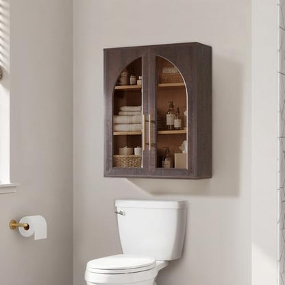 Bathroom Wall Cabinet, 23.5×31.4'' Storage Cabinet, Arched Cabinet Wall Mount with Adjustable Shelf & Glass Doors, Medicine Cabinet for Laundry Room, Bathroom, Kitchen, Living Room, Brown/Natural oak - color: Brown/Natural