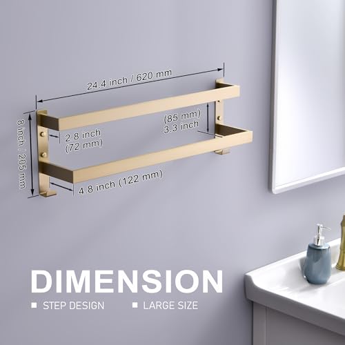 Double Towel Bar Towel Racks for Bathroom, Bath Towel Holders Wall Mount, Stainless Steel Towels Shelves Towel Rail, 2-Tiers (Brushed Gold, 24 Inches) - color: Brushed Gold, size: 24 Inches