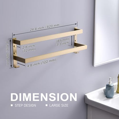 Double Towel Bar Towel Racks for Bathroom, Bath Towel Holders Wall Mount, Stainless Steel Towels Shelves Towel Rail, 2-Tiers (Brushed Gold, 24 Inches) - color: Brushed Gold, size: 24 Inches