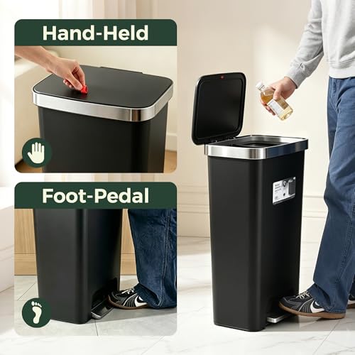 Kitchen Trash Can with lid ,Large 12 Gallon Slim Tall trash Can,Narrow Trash Bin Step-on with Lid, Plastic Black Garbage Can with Stainless Steel Rim for Bathroom,Living room,Bedroom,Yard,Garden