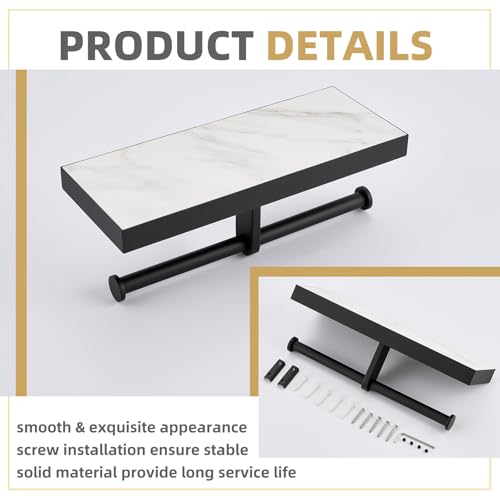 APLusee Double Toilet Paper Holder Matte Black, Stainless Steel Tissue Holder with Sintered Stone Shelf, Wall Mount - size: Double Rod