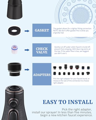 Kitchen Faucet Replacement Spray Head - with 15 Adapters, Oil Rubbed Bronze | Pull Down Kitchen Sink Faucet Sprayer Head, 3-Function Nozzle Stream/Spray/Blade, Easy to Install, Compatible with Moen Delta - color: Oil Rubbed Bronze