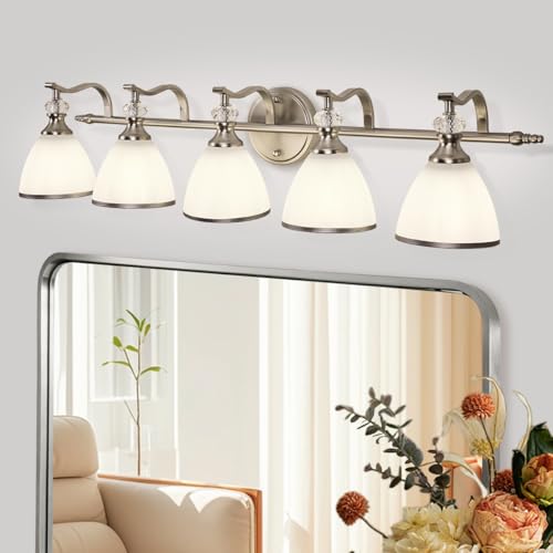 ANDY STAR Bathroom Lighting Fixtures, 5-Light Brushed Nickel Vanity Light with Milky Glass Shade, 35" Large Vanity Lights for Bathroom, E26 Socket, for Mirror, Living Room, Bedroom, Hallway - color: Brushed Nickel, size: 5-Light