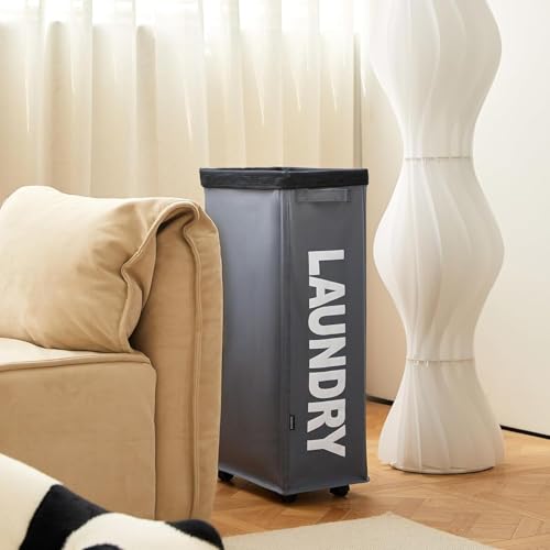 per with HandleSlim Laundry Basket on Wheels, Foldable Narrow Corner Clothes Storage Bins，Tall Laundry Bin for Laundry Room, Dorm and Bedroom，(Dark Grey)