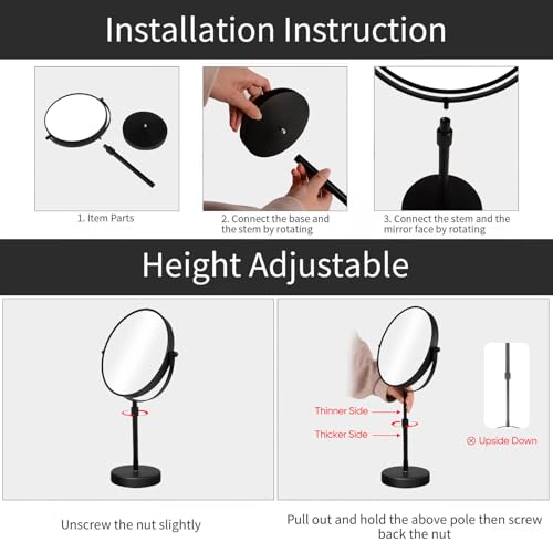 Nicesail Higher Taller Tabletop Makeup Mirror of 8 Inch, 5X Magnified Makeup Mirror Countertop Standing, Height Adjustable, Double Sided Mirror in Matte Black (8 Inch, 5X)… - color: No Light-black