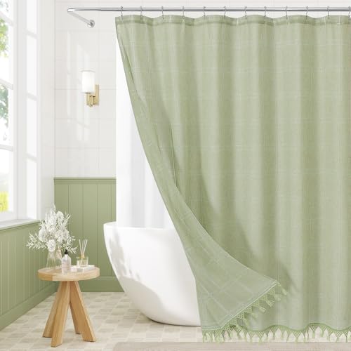 Linen Boho Farmhouse Shower Curtain Set with Tassel, Modern Bohemian French Country Chic Bathroom Shower Curtain Set with PEVA Liner, Cotton Luxury Fabric Shower Curtain,72x72 - Green - color: Green, size: 72"W x 72"L (Pack of 1)