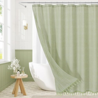 Long Linen Farmhouse Shower Curtain Set with Tassel, Modern Boho French Country Chic Bathroom Shower Curtain Set with PEVA Liner, Cotton Luxury Fabric Shower Curtain 72x78 - Green - color: Green, size: 72"W x 78"L (Pack of 1)