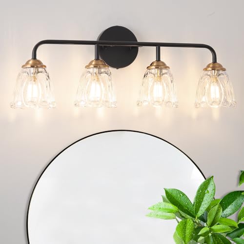 Daunton 4-Light Vintage Vanity Light, Black and Gold Bathroom Vanity Light Fixtures Over Mirror, Elegant Bathroom Light Fixtures with Clear Glass Shade, Wall Sconce Lighting for Bedroom, Living Room - color: Black+Gold, size: 24.8in